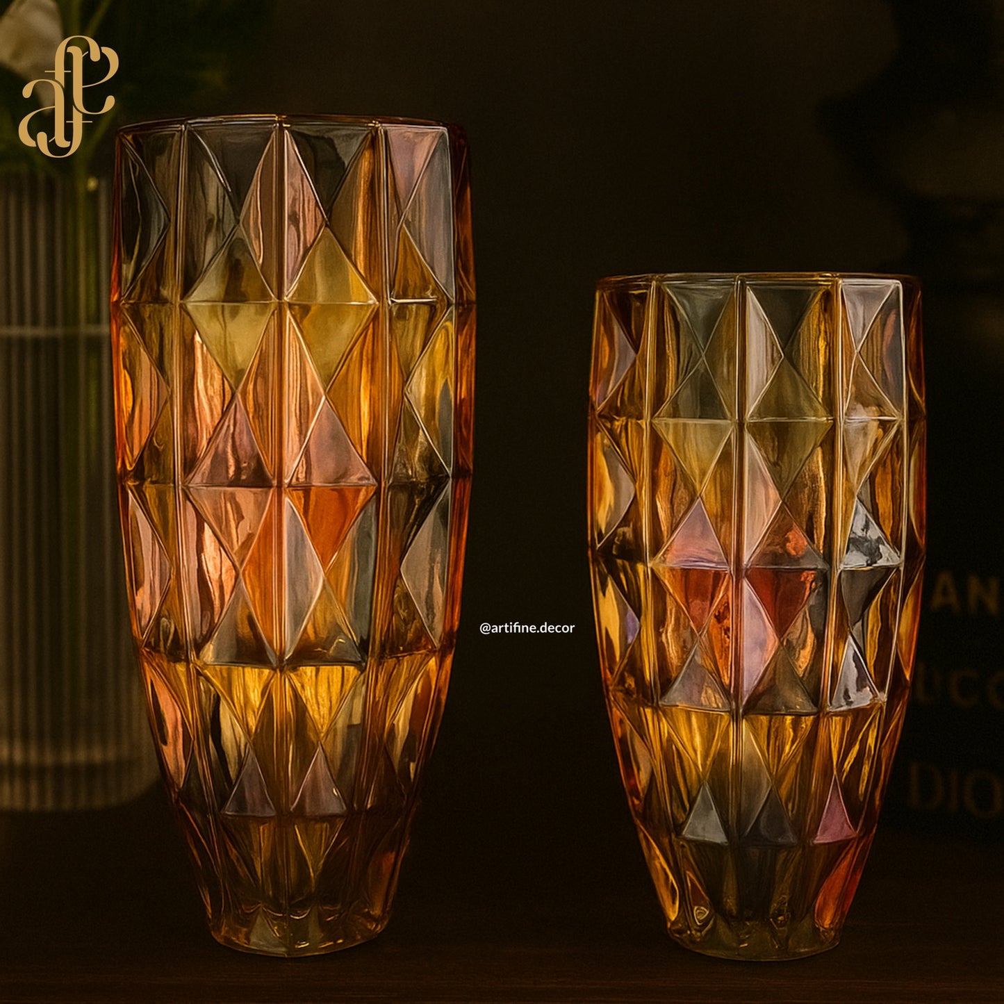Multicolored Diamond-Cut Glass Vase Set – Radiant Masterpiece
