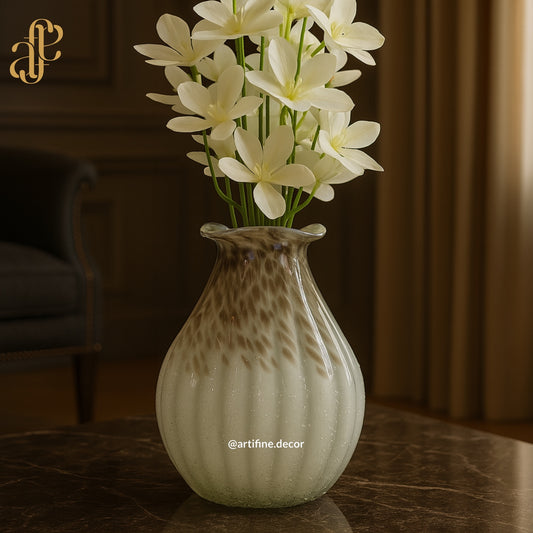 Beige Speckled Elegance Vase Set- Mouth-Blown Rippled Design