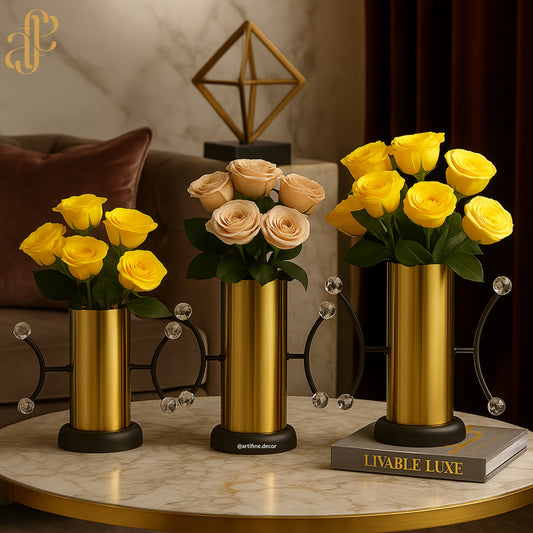 Crystal Handle Gold Vases – 3-Piece Modern Set