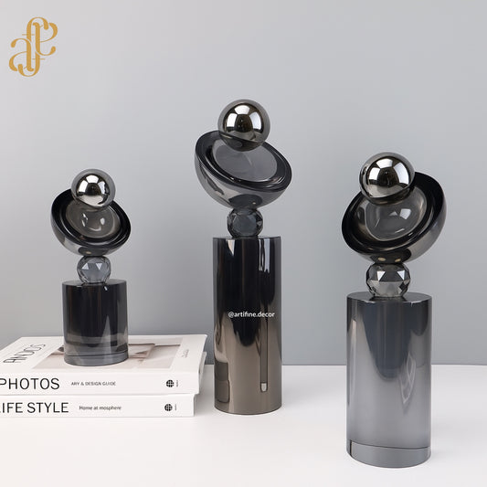 Full Crystal Orb & Ring Sculpture Set – Grey Finish