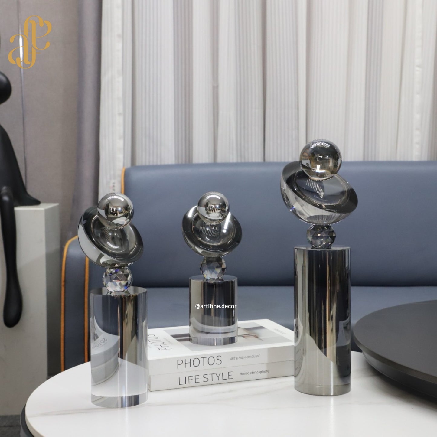 Full Crystal Orb & Ring Sculpture Set – Grey Finish