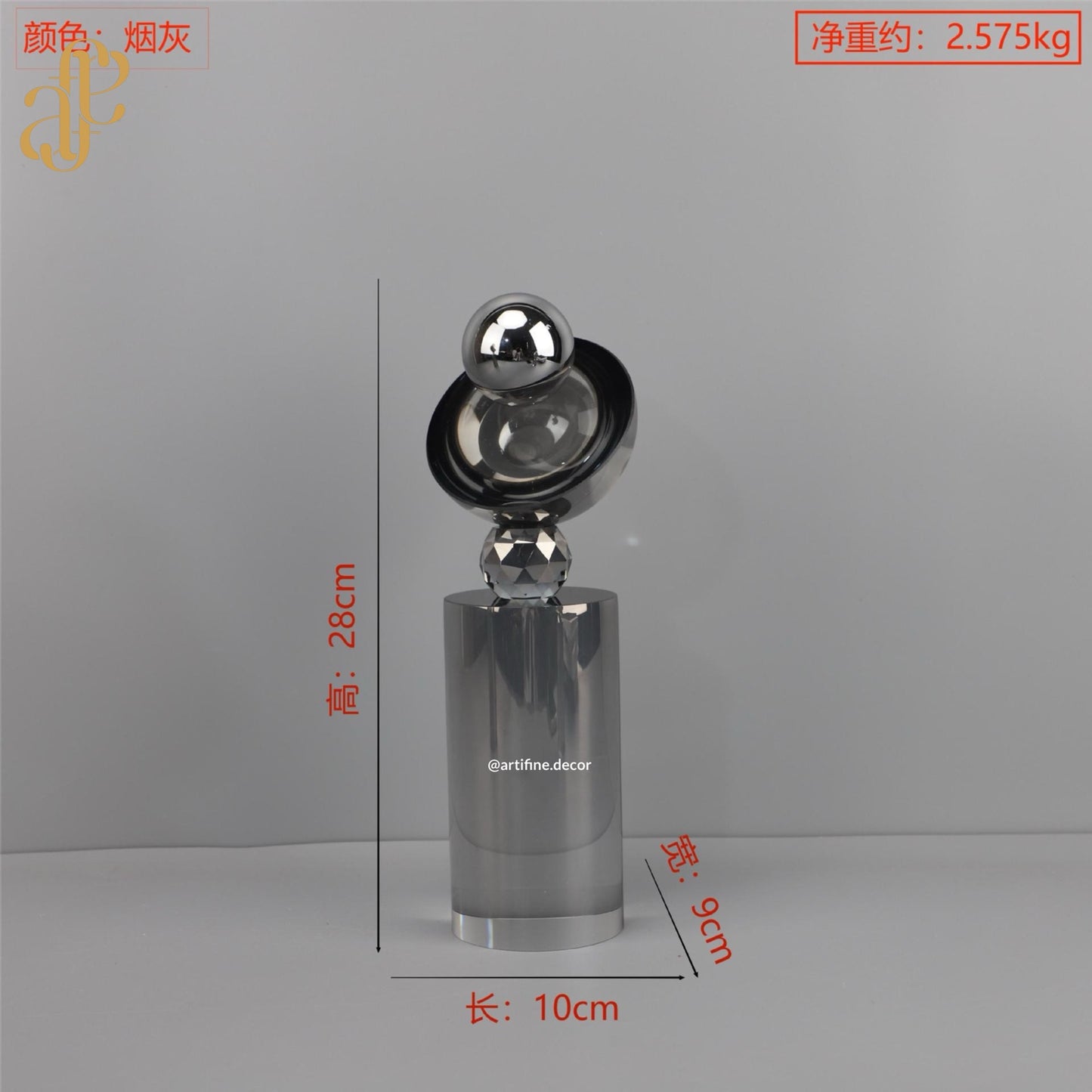 Full Crystal Orb & Ring Sculpture Set – Grey Finish