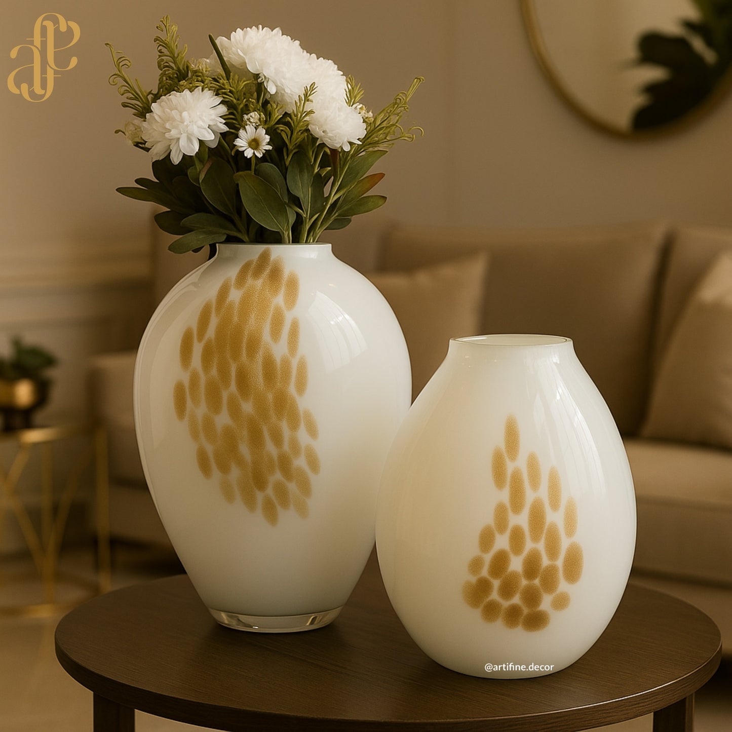 Elegant White Glass Vase Set with Golden Brush Accents