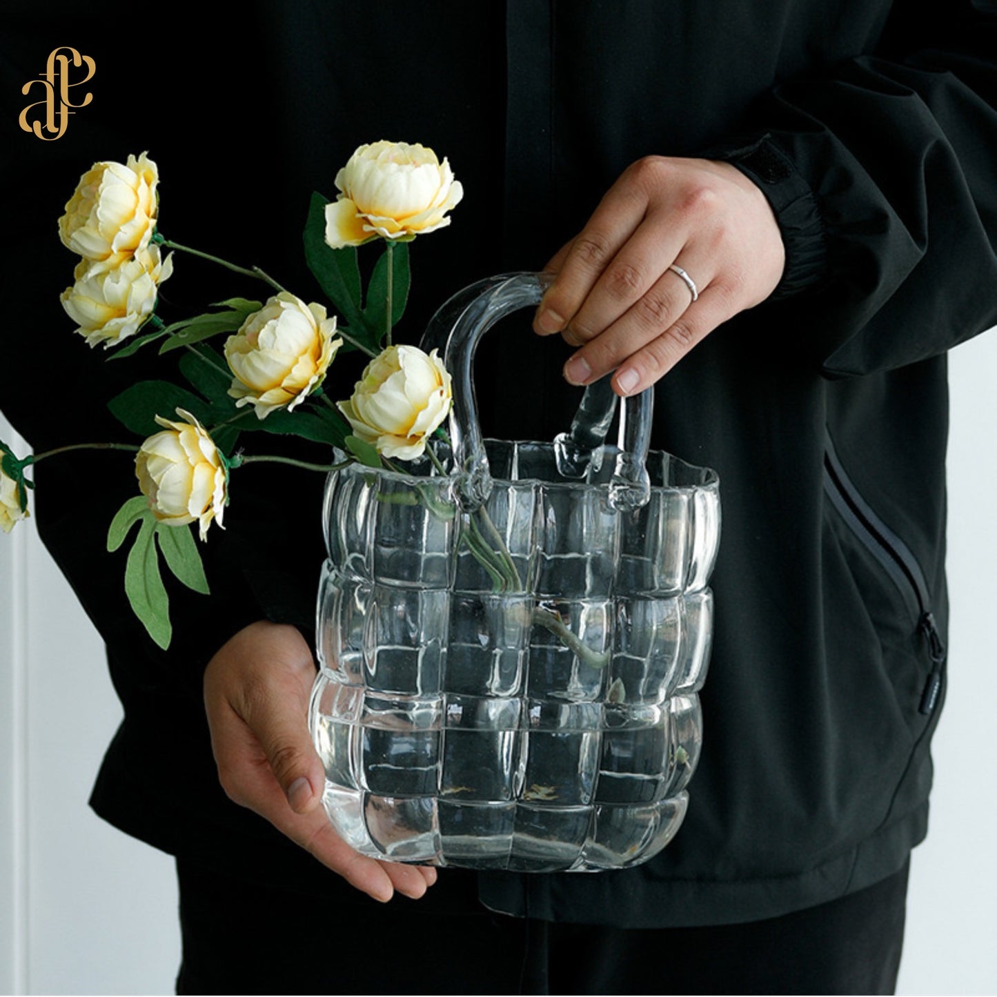 Bag-Style Glass Vase – Transparent Grey & Honey Gold
