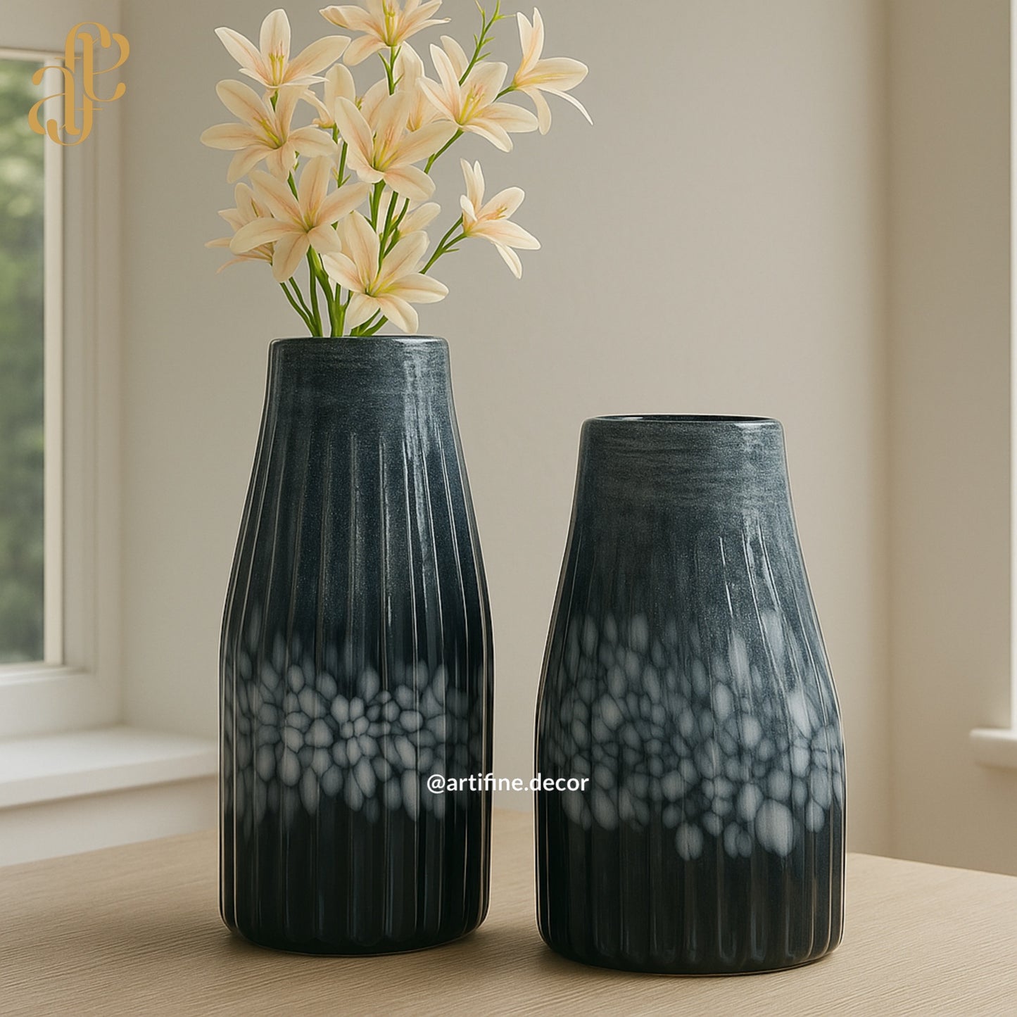 Mouth-Blown Dark Blue Textured Glass Vase Set