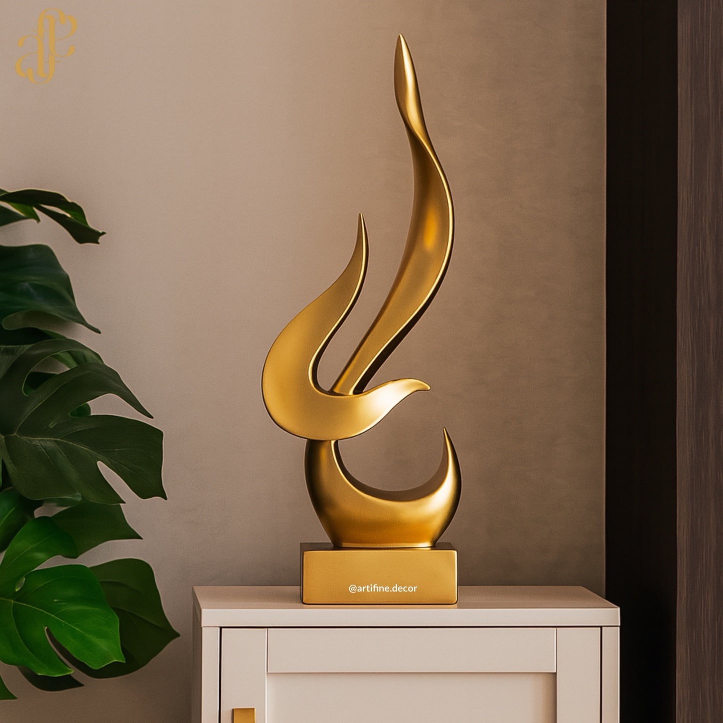 Golden Flame Abstract Sculpture – Statement Art Piece
