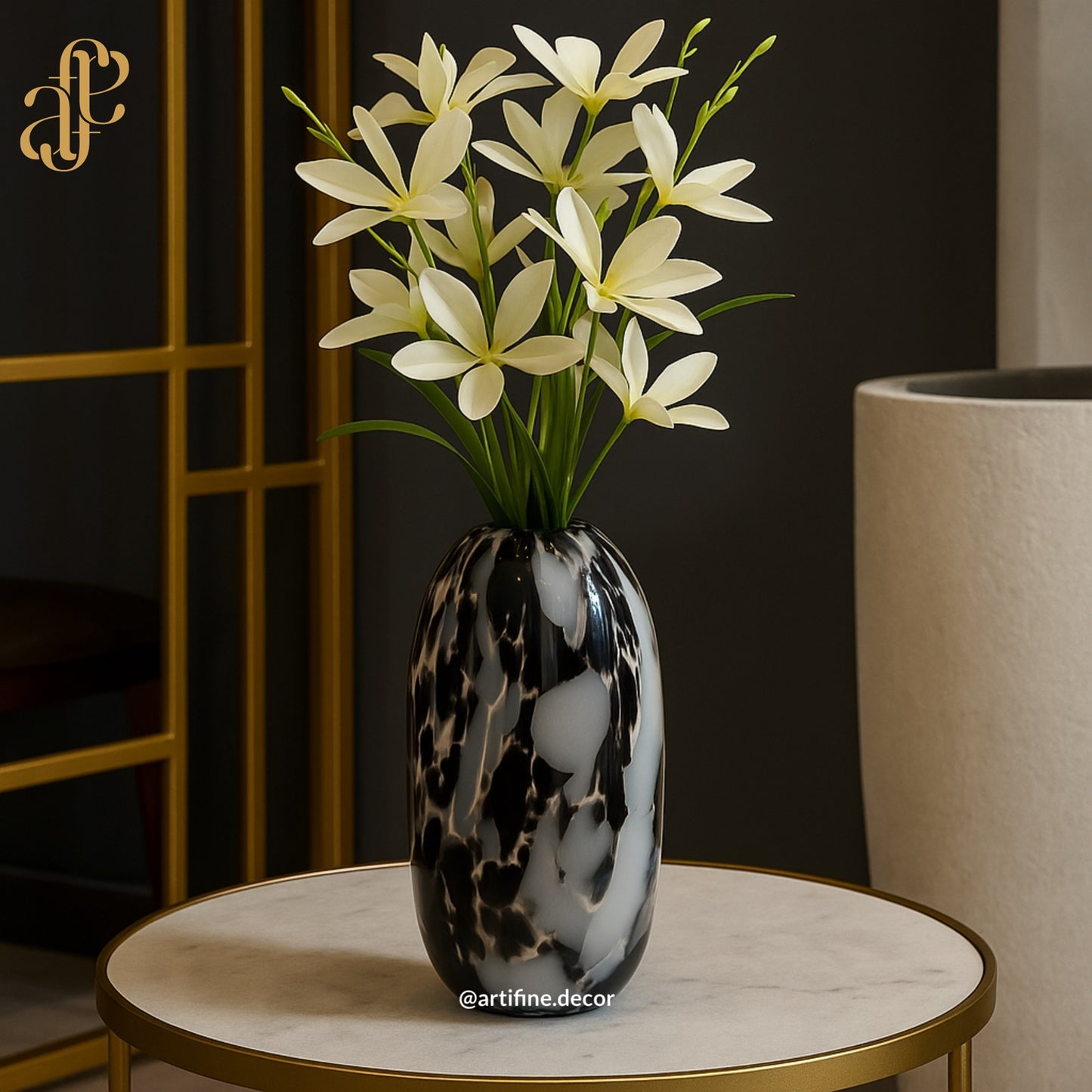 Abstract Black & White Art Glass Vase Set & Plate