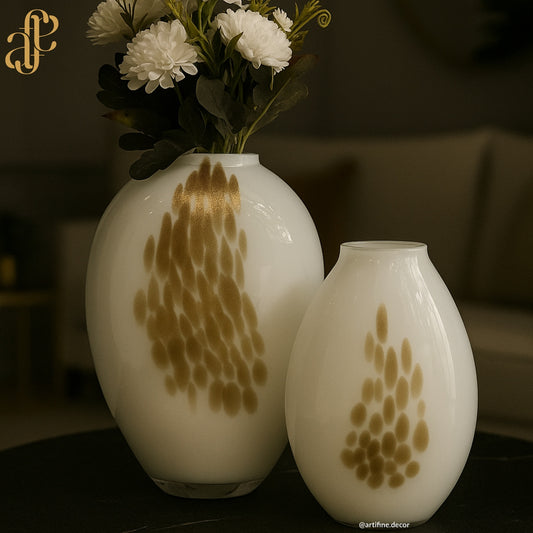 Elegant White Glass Vase Set with Golden Brush Accents