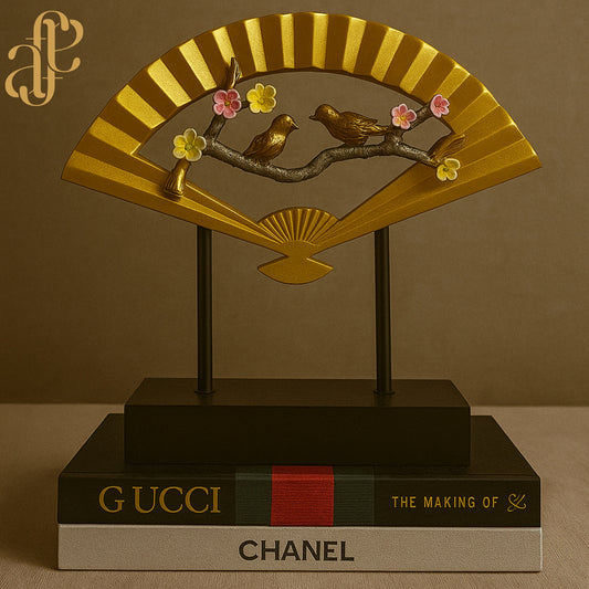 Oriental Fan Sculpture with Birds & Blossoms