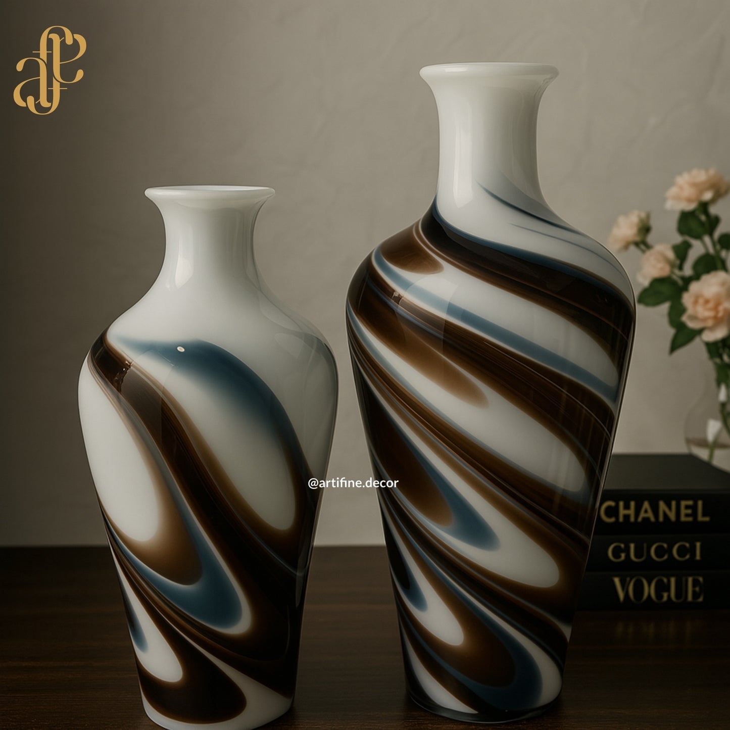 Swirl Enamel Vase Set – White, Brown & Blue