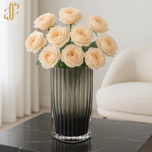 Smoke Gradient Glass Vase Set – Ribbed Vertical Texture