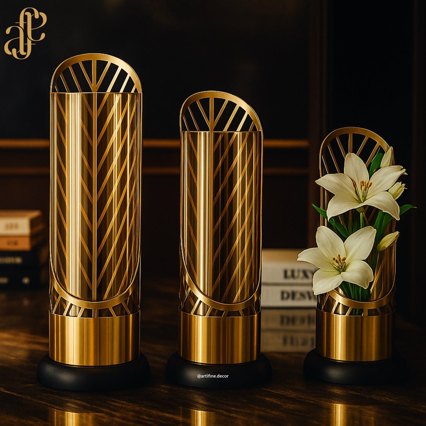 Art Deco Gold Glass Vases – 3-Piece Set