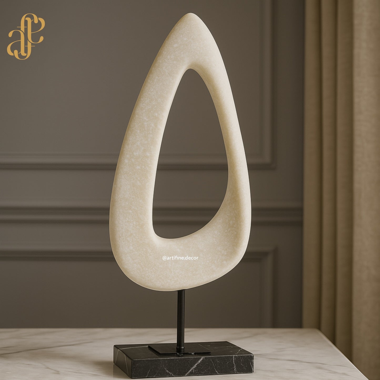 Minimalist Abstract Loop Sculpture – Beige Marble on Marble Base