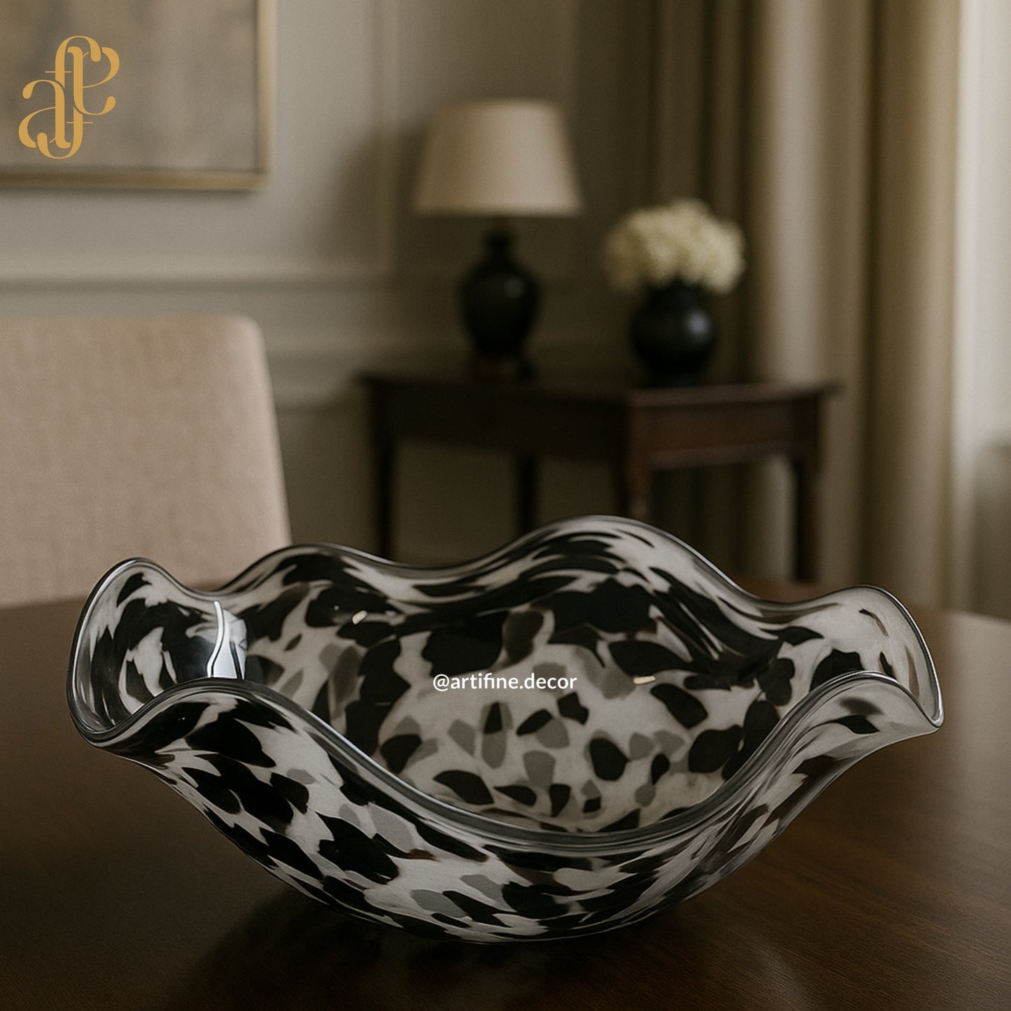 Abstract Black & White Art Glass Vase Set & Plate