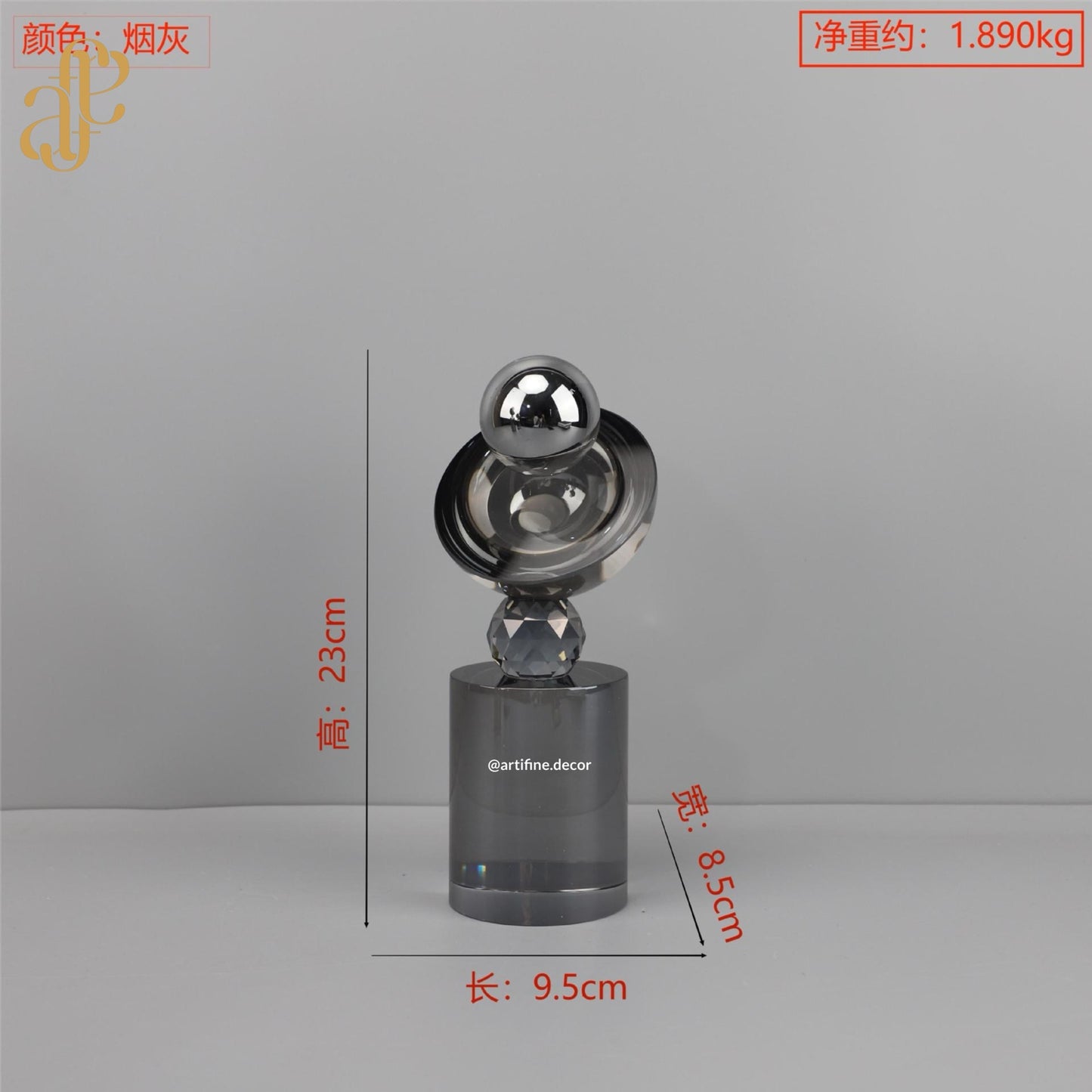 Full Crystal Orb & Ring Sculpture Set – Grey Finish