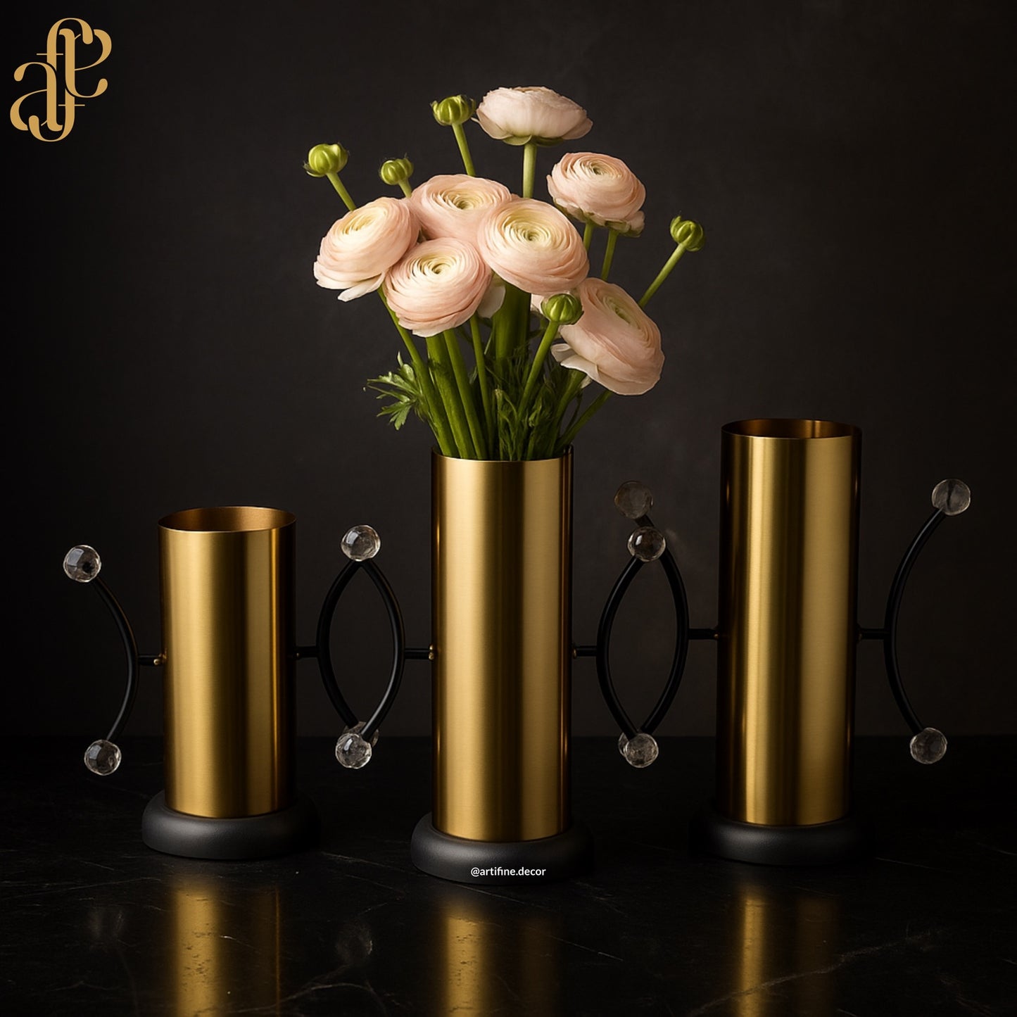 Crystal Handle Gold Vases – 3-Piece Modern Set