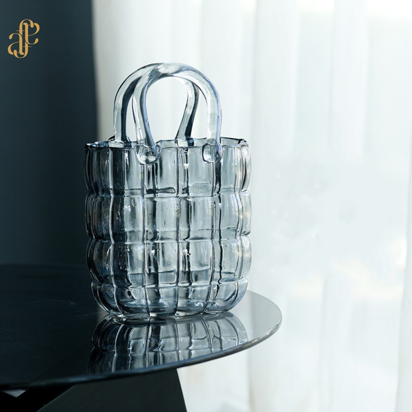 Bag-Style Glass Vase – Transparent Grey & Honey Gold