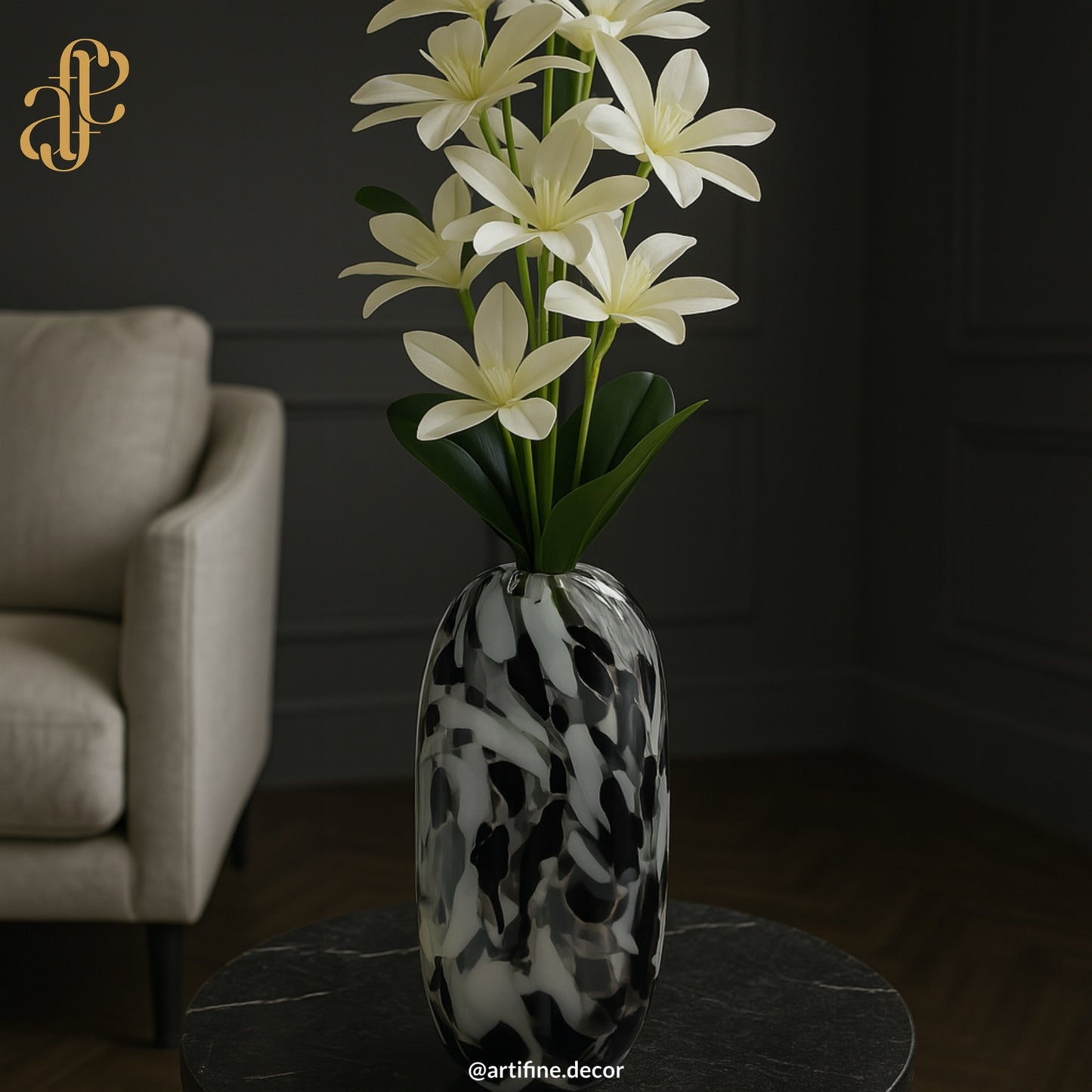 Abstract Black & White Art Glass Vase Set & Plate