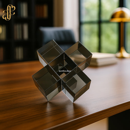 Geometric Crystal Cube Sculpture – Modern Abstract Accent