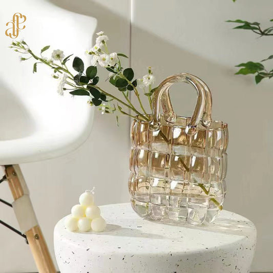 Bag-Style Glass Vase – Transparent Grey & Honey Gold