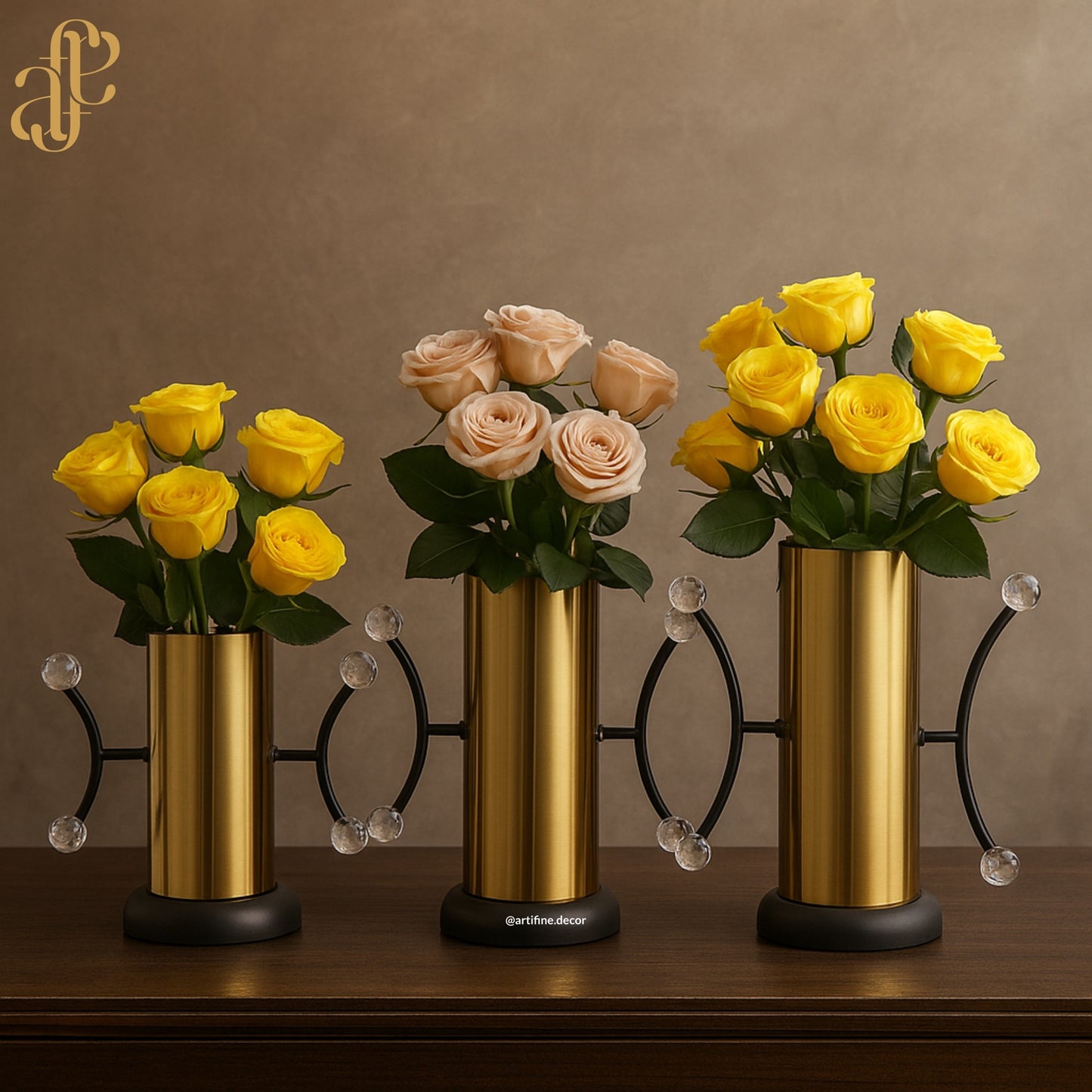Crystal Handle Gold Vases – 3-Piece Modern Set