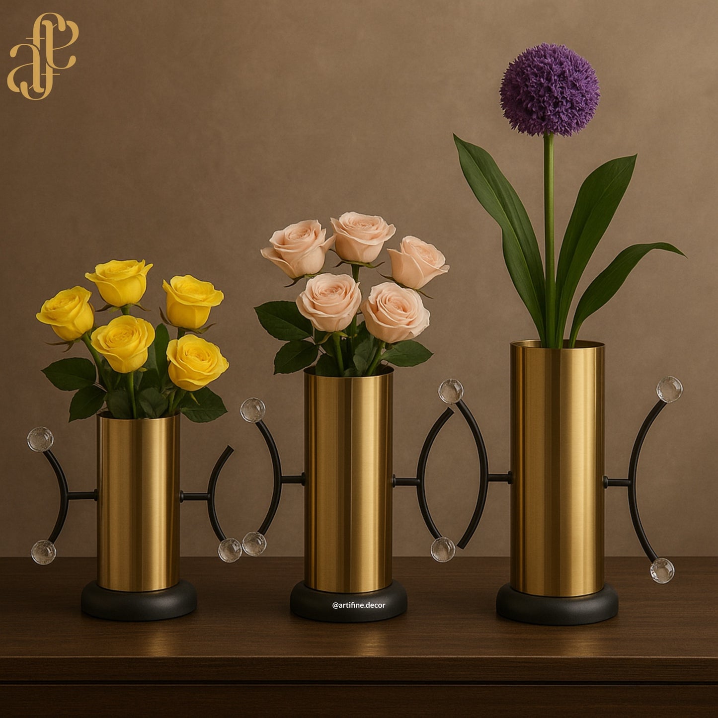 Crystal Handle Gold Vases – 3-Piece Modern Set