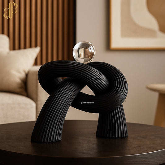 Abstract Knot Sculpture with Crystal Sphere – Black & White