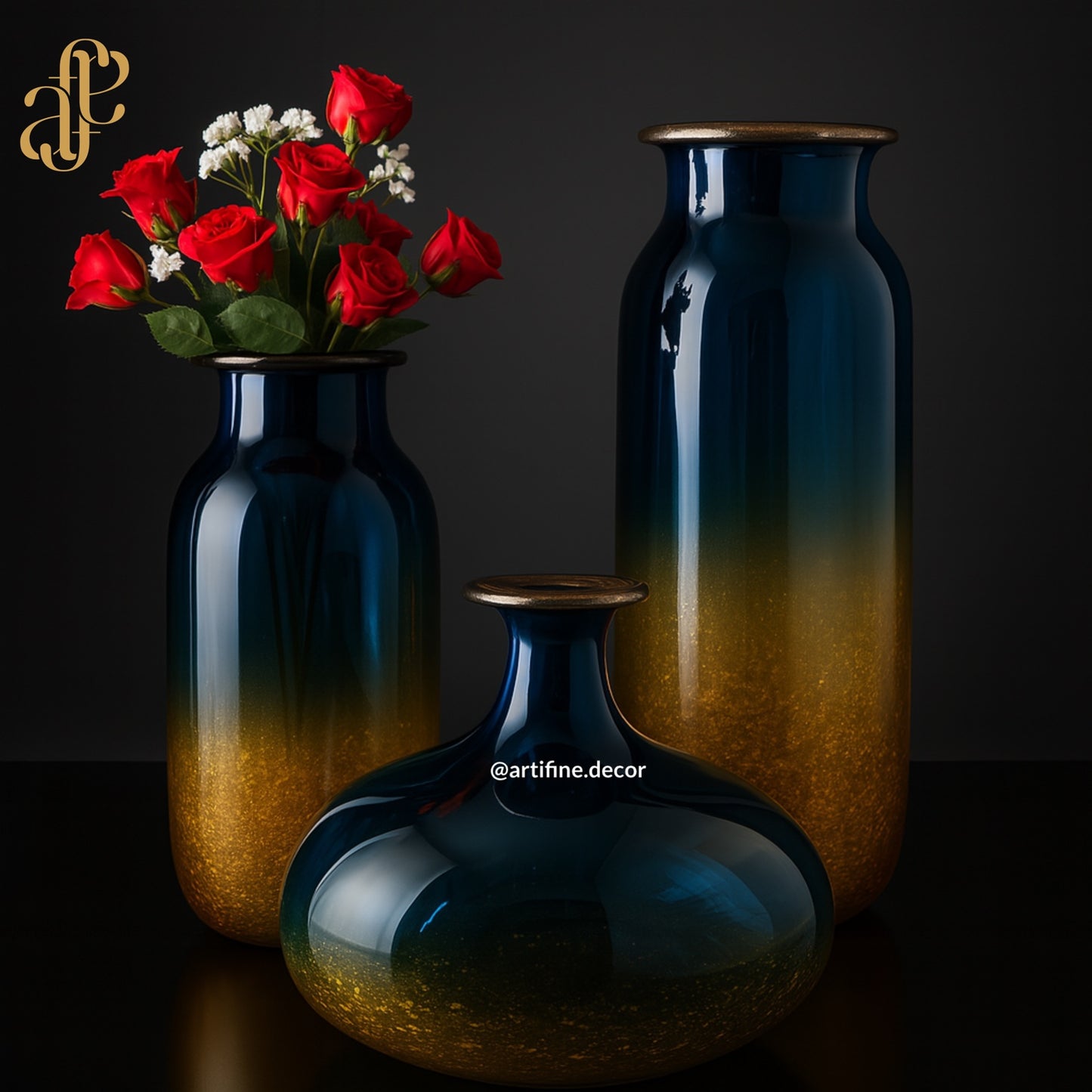 Royal Dusk Mouth-Blown Glass Vase Set – Blue & Yellow