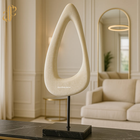 Minimalist Abstract Loop Sculpture – Beige Marble on Marble Base