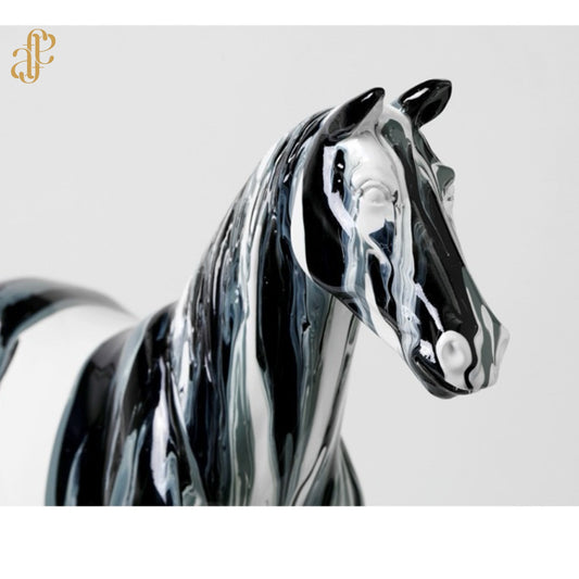 Hand-Painted Horse Sculpture – Black & White Marble Effect
