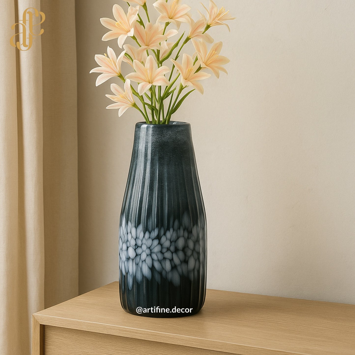 Mouth-Blown Dark Blue Textured Glass Vase Set