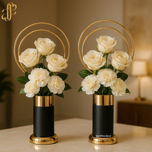 Modern Circular Frame Vase Set – Black and Gold Finish (Set of 2)