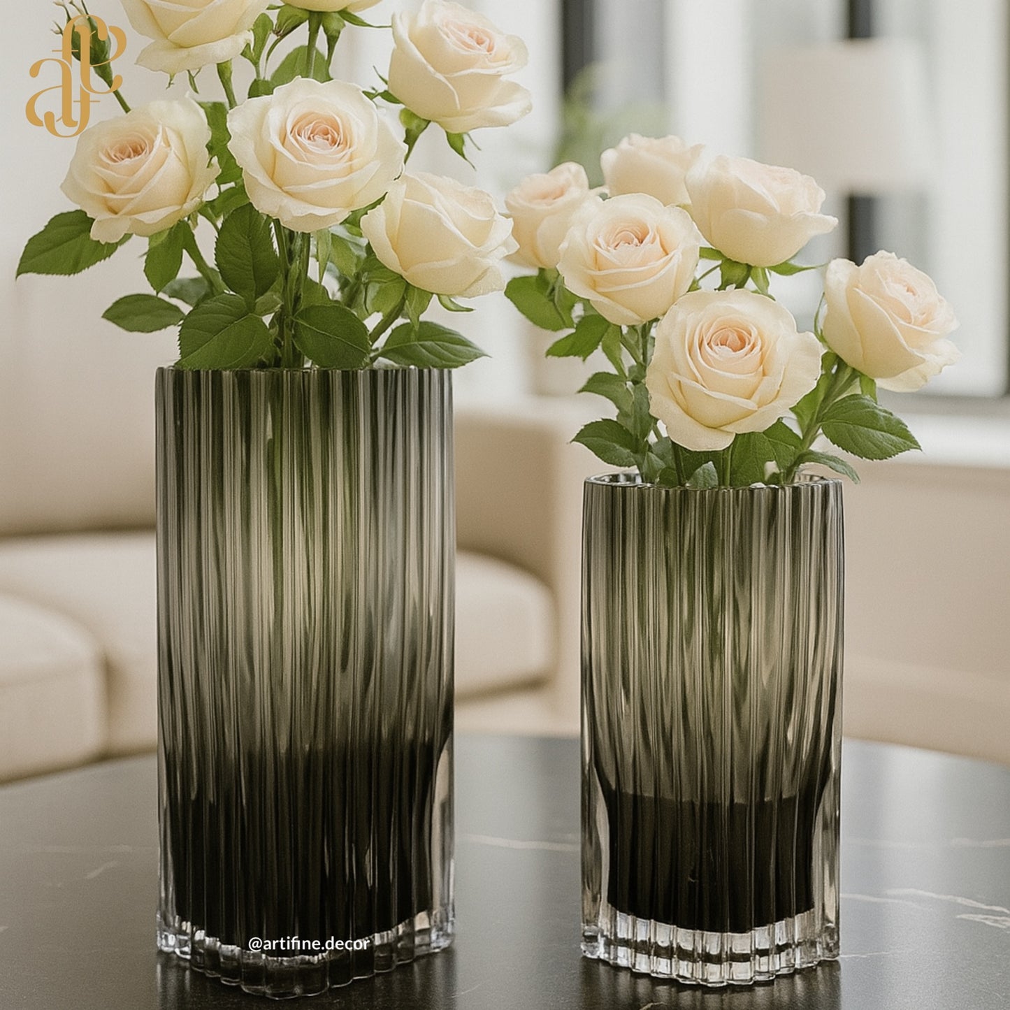 Smoke Gradient Glass Vase Set – Ribbed Vertical Texture