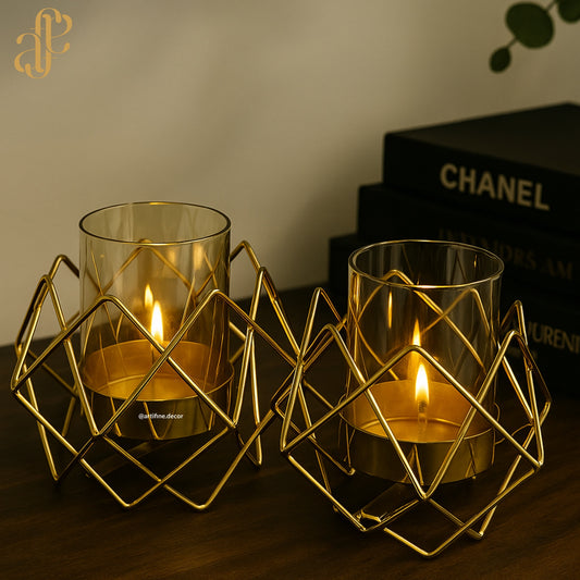 Geometric Gold Candle Holders - Set of 2