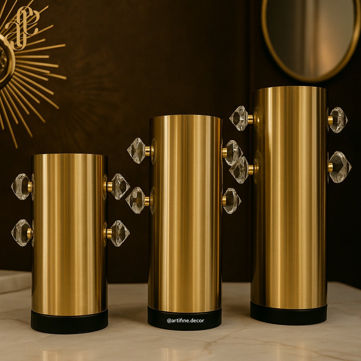 Luxury Gold Stainless Steel Vase Set with Crystal Accents – Set of 3