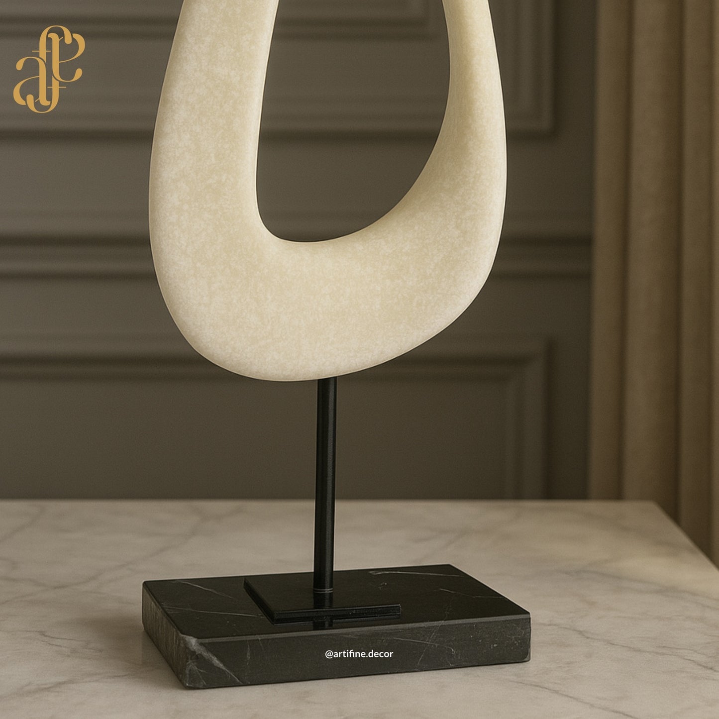Minimalist Abstract Loop Sculpture – Beige Marble on Marble Base