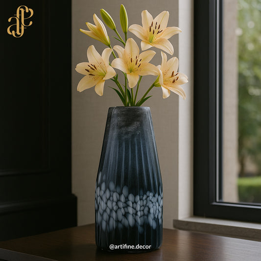 Mouth-Blown Dark Blue Textured Glass Vase Set