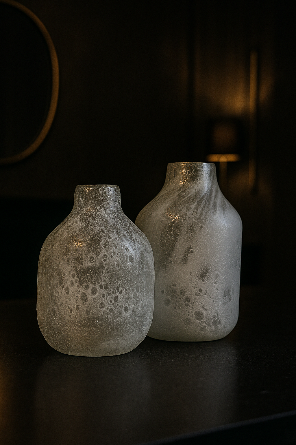 Frosted Glass Vase Duo – Moon Texture Finish with Floral Accent