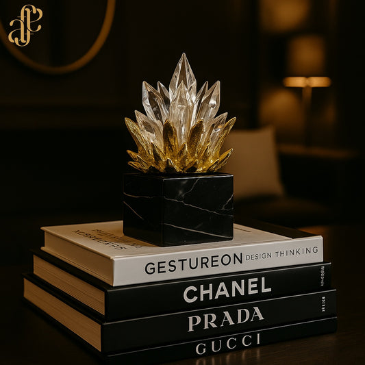 Crystal Flame Sculpture Set – Gold-Tipped Crystal on Natural Marble Base