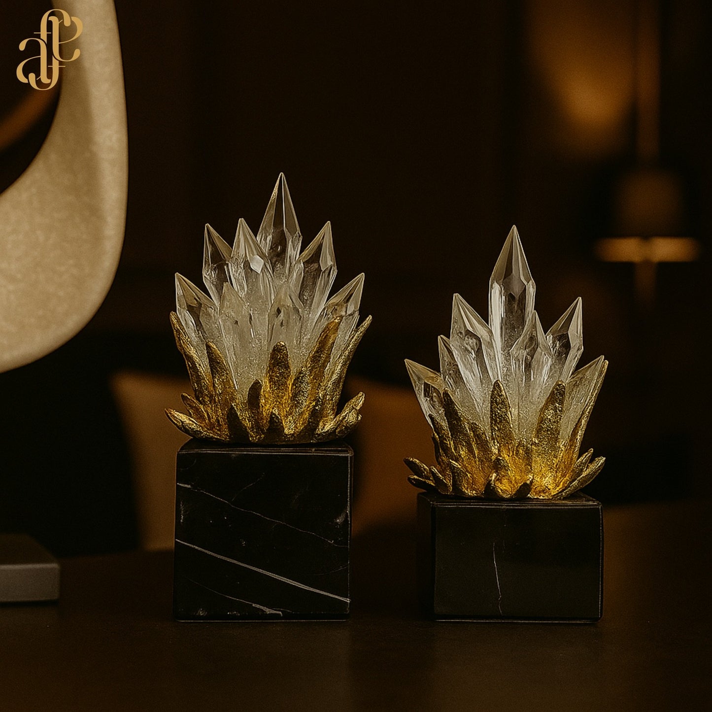 Crystal Flame Sculpture Set – Gold-Tipped Crystal on Natural Marble Base