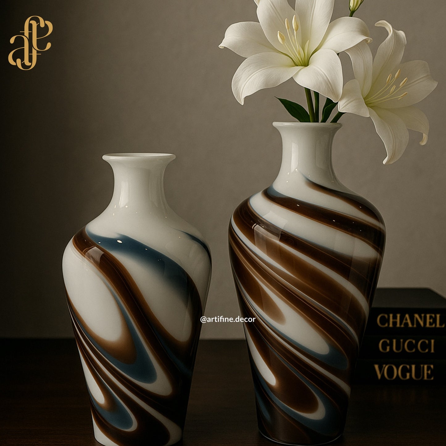 Swirl Enamel Vase Set – White, Brown & Blue