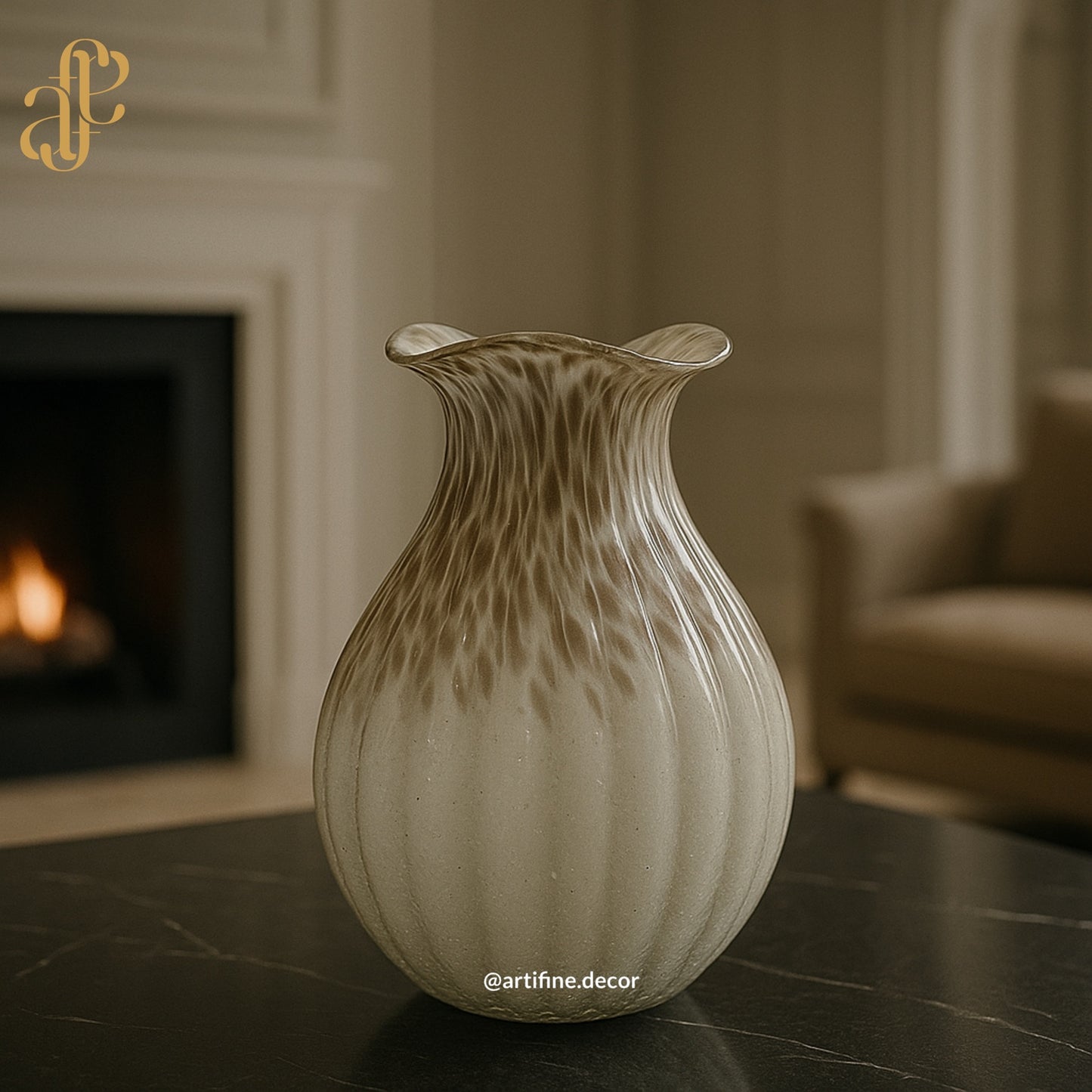 Beige Speckled Elegance Vase Set- Mouth-Blown Rippled Design