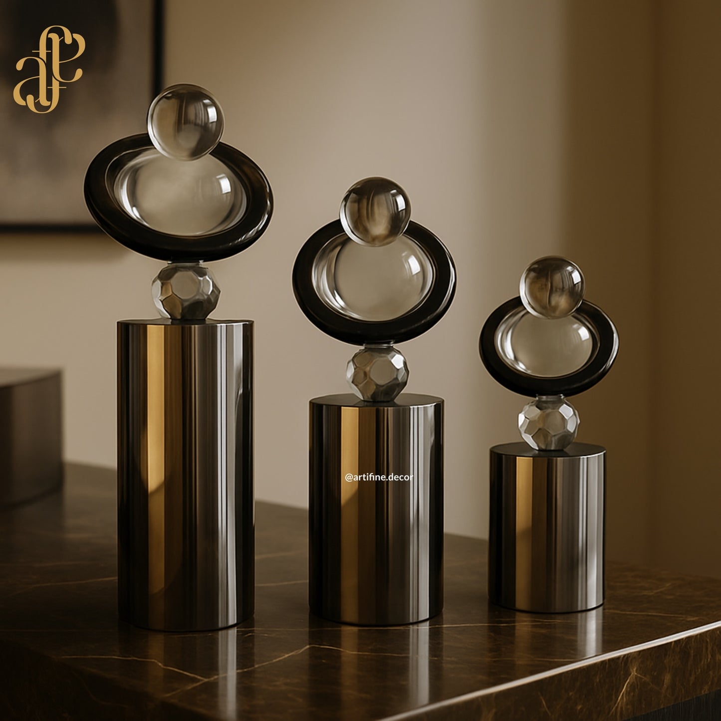 Full Crystal Orb & Ring Sculpture Set – Grey Finish