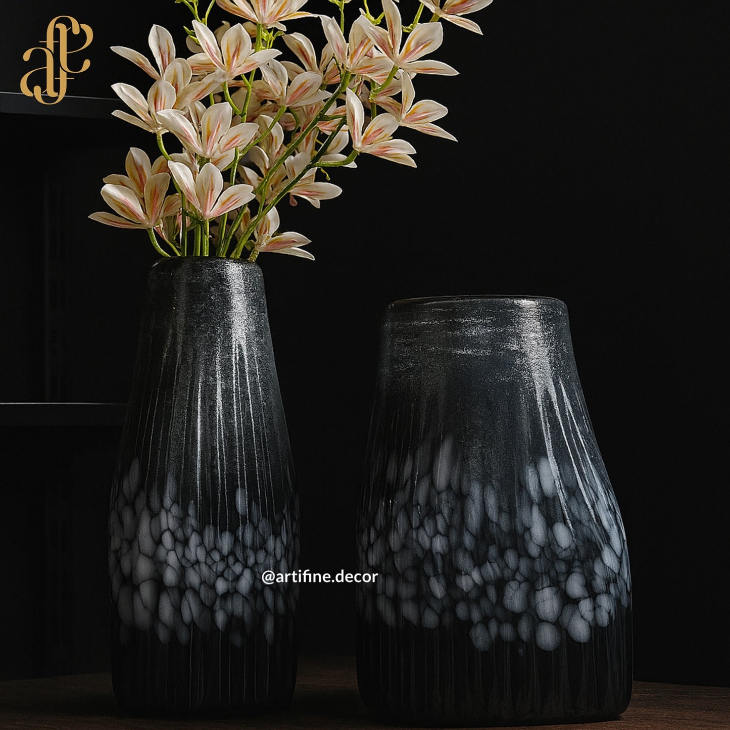 Mouth-Blown Dark Blue Textured Glass Vase Set