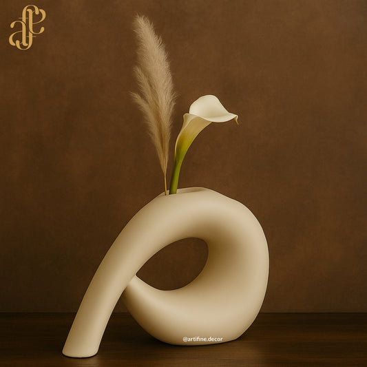 Sculptural Beige Ceramic Vase – Abstract Curve Design