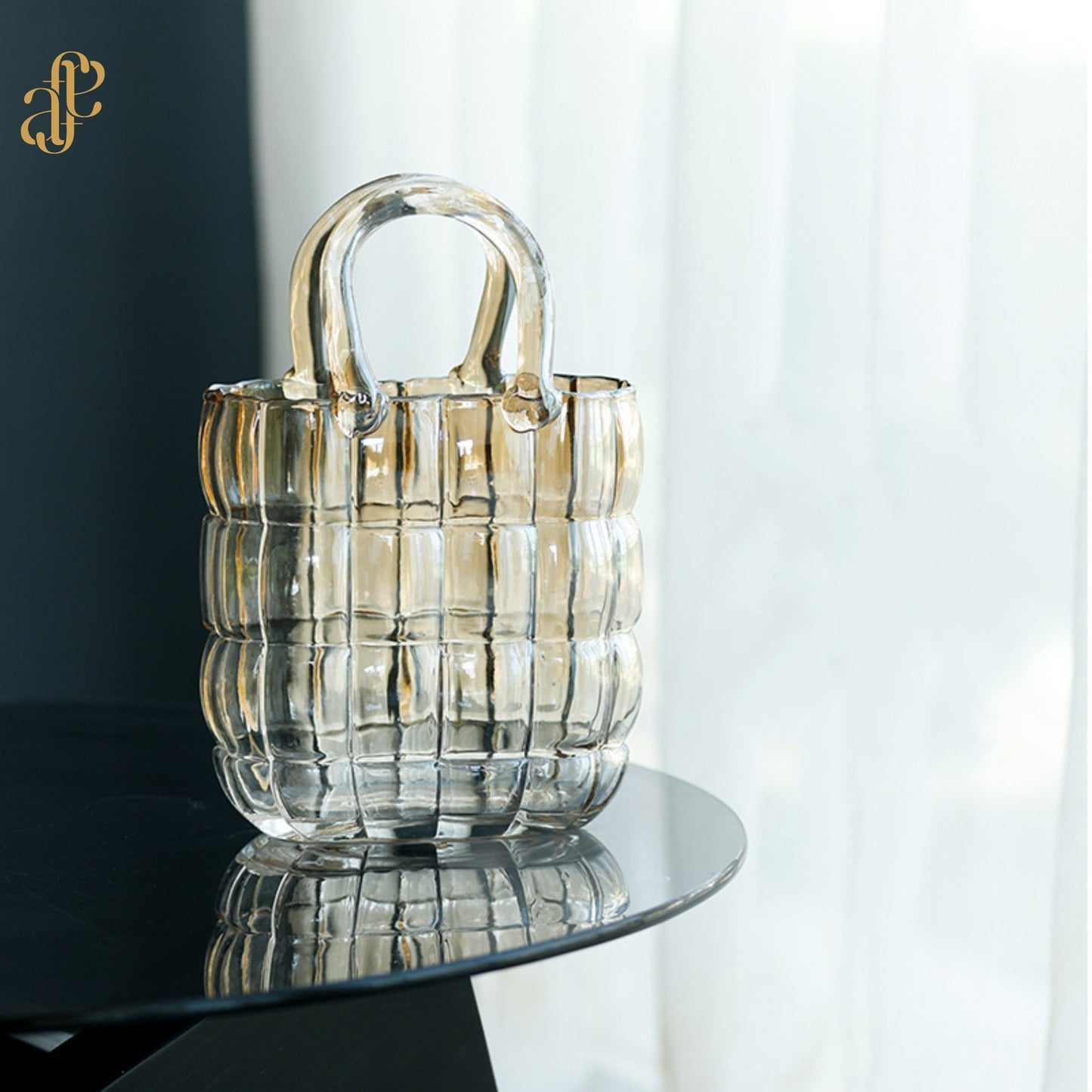 Bag-Style Glass Vase – Transparent Grey & Honey Gold
