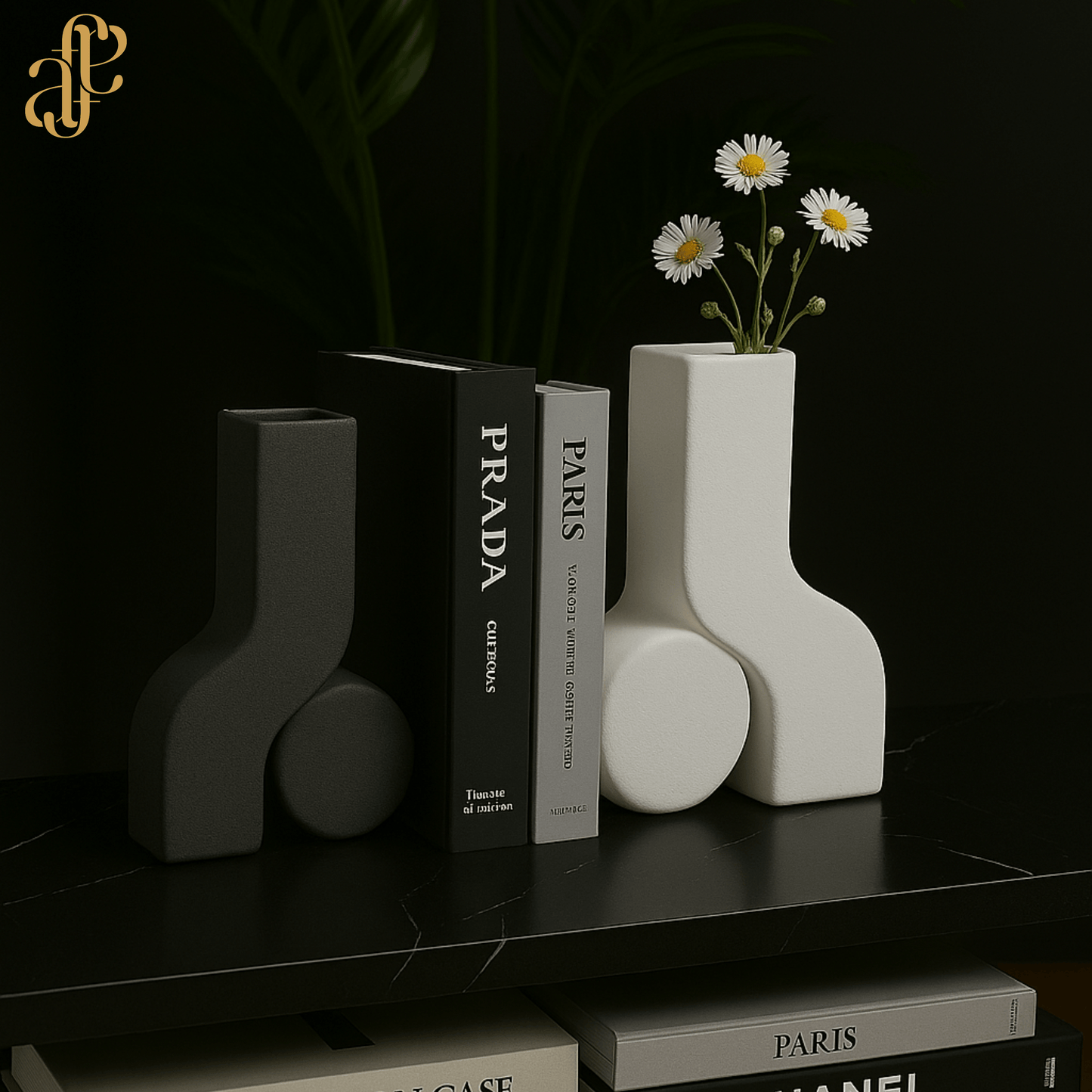 Sculpted Bookend Vases – Matte Black & Ivory