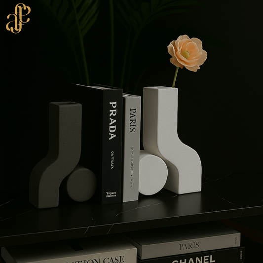 Sculpted Bookend Vases – Matte Black & Ivory