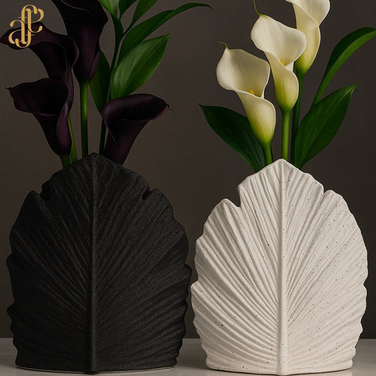 Leaf Silhouette Vases – Ceramic Textured Duo in Black & White