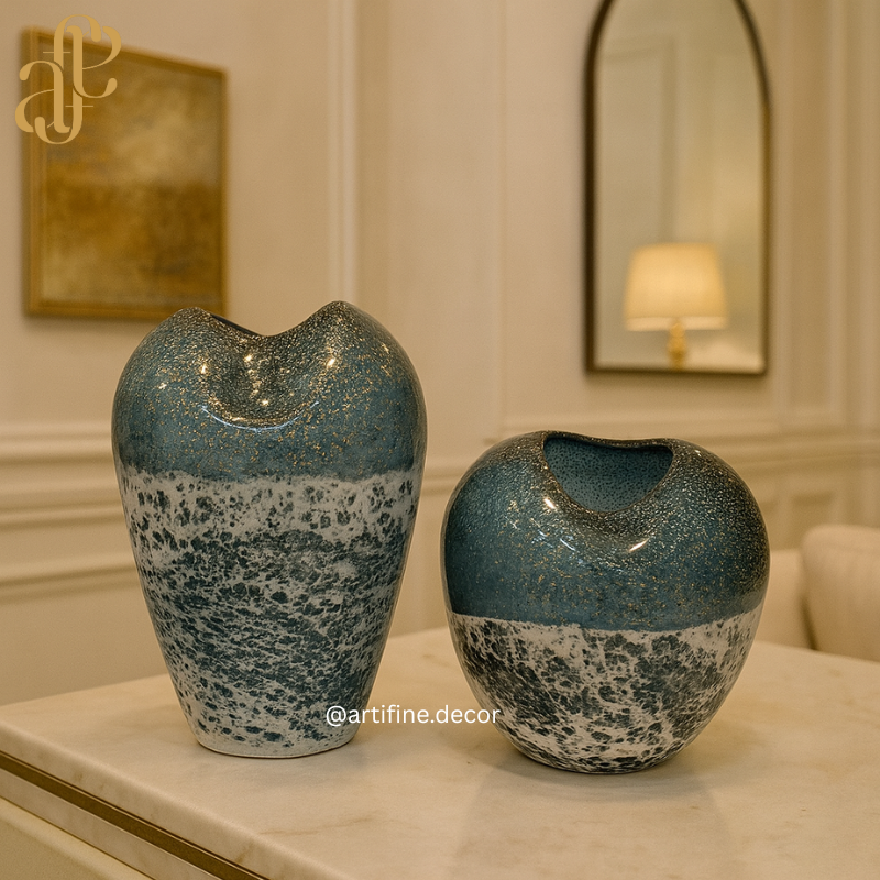 Handmade Textured Glass Vase Set – Teal & White Luxury Art Décor